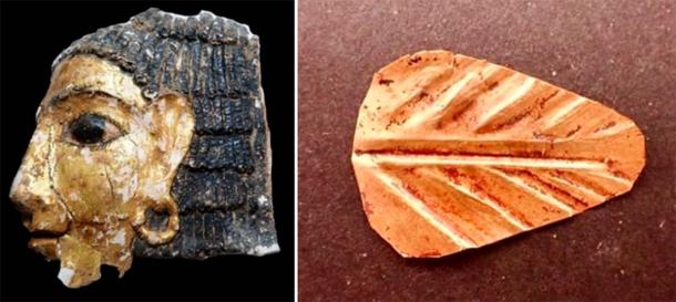 Left, One of the bright funeral masks. Right, A gold tongue. (Egypt Ministry of Tourism & Antiquities)