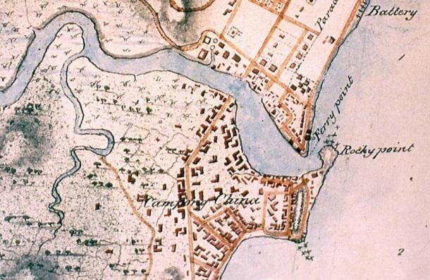 A map of Singapore from 1825. The Singapore Stone stood at the Rocky Point. (British Library/Public Domain)