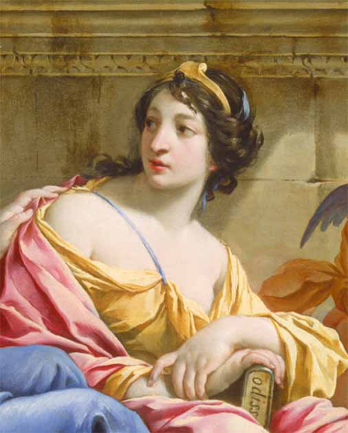 Detail of Calliope from ‘The Muses Urania and Calliope’ by Simon Vouet. (Public Domain)