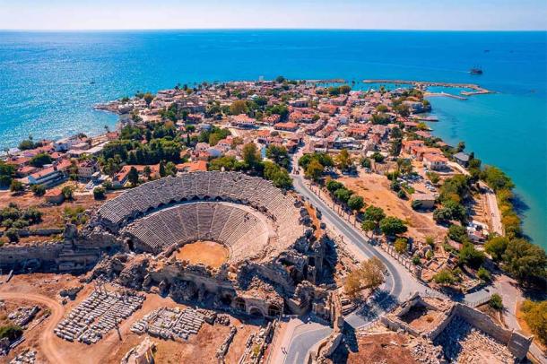 Roman amphitheater of ancient Side city Antalya Turkey drone photo, aerial top view. (Parilov/Adobe Stock)