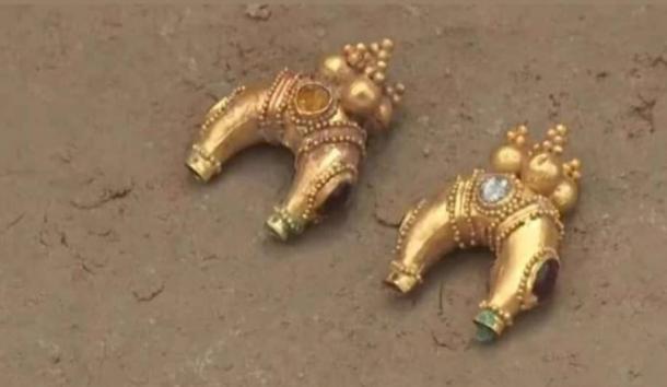 The two gold earrings found in one of the burial mounds 