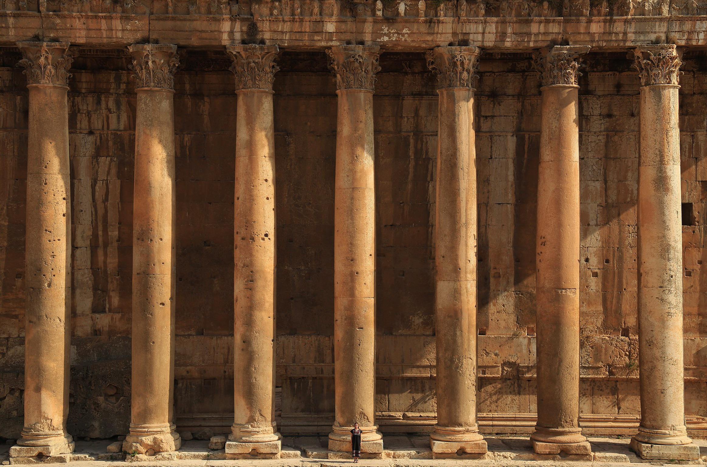 Enormous columns at the Roman Temple of Bacchus in Baalbek, Lebanon, 2nd cent. AD (2326X1536) : r/ArtefactPorn