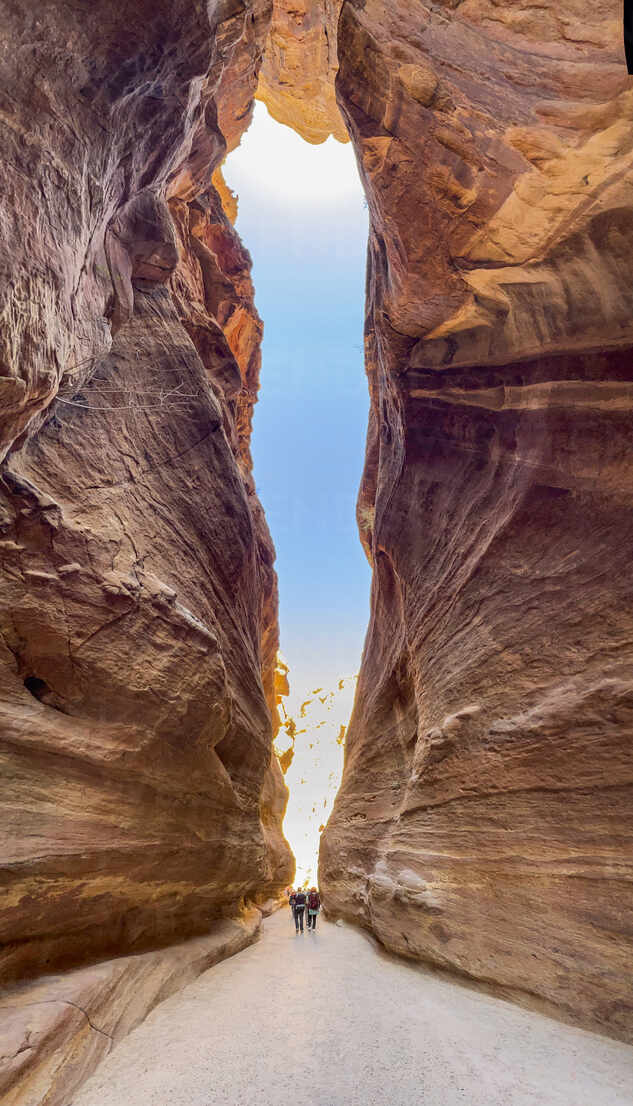 The Siq, entrance to Petra Archaeological Park, UNESCO World Heritage Site,  one of the New Seven Wonders of the World, Petra, Jordan, Middle East stock  photo