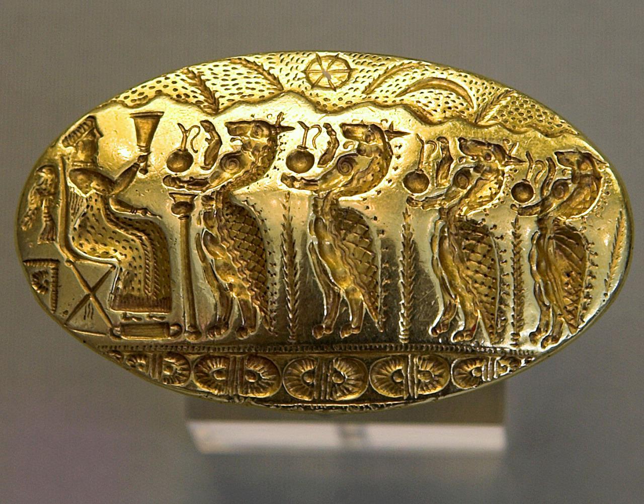 A Mycenaean gold ring, with seated goddess before a procession of  seahorses. 15th century BCE, From Tiryns. National Archaeological Museum,  Athens. (1280x1002) : r/ArtefactPorn