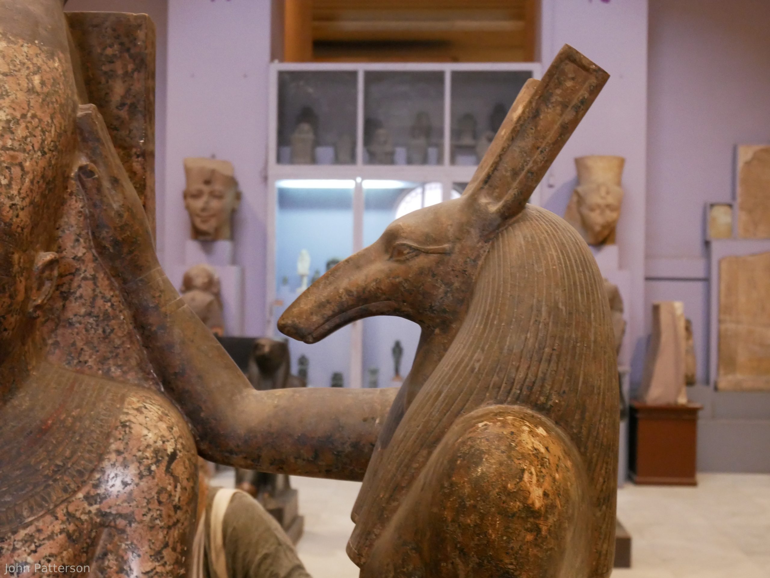 Photo by John Patterson, of a (heavily restored) statue of Seth & Horus (not shown) crowning Ramesses III now in the Cairo Museum